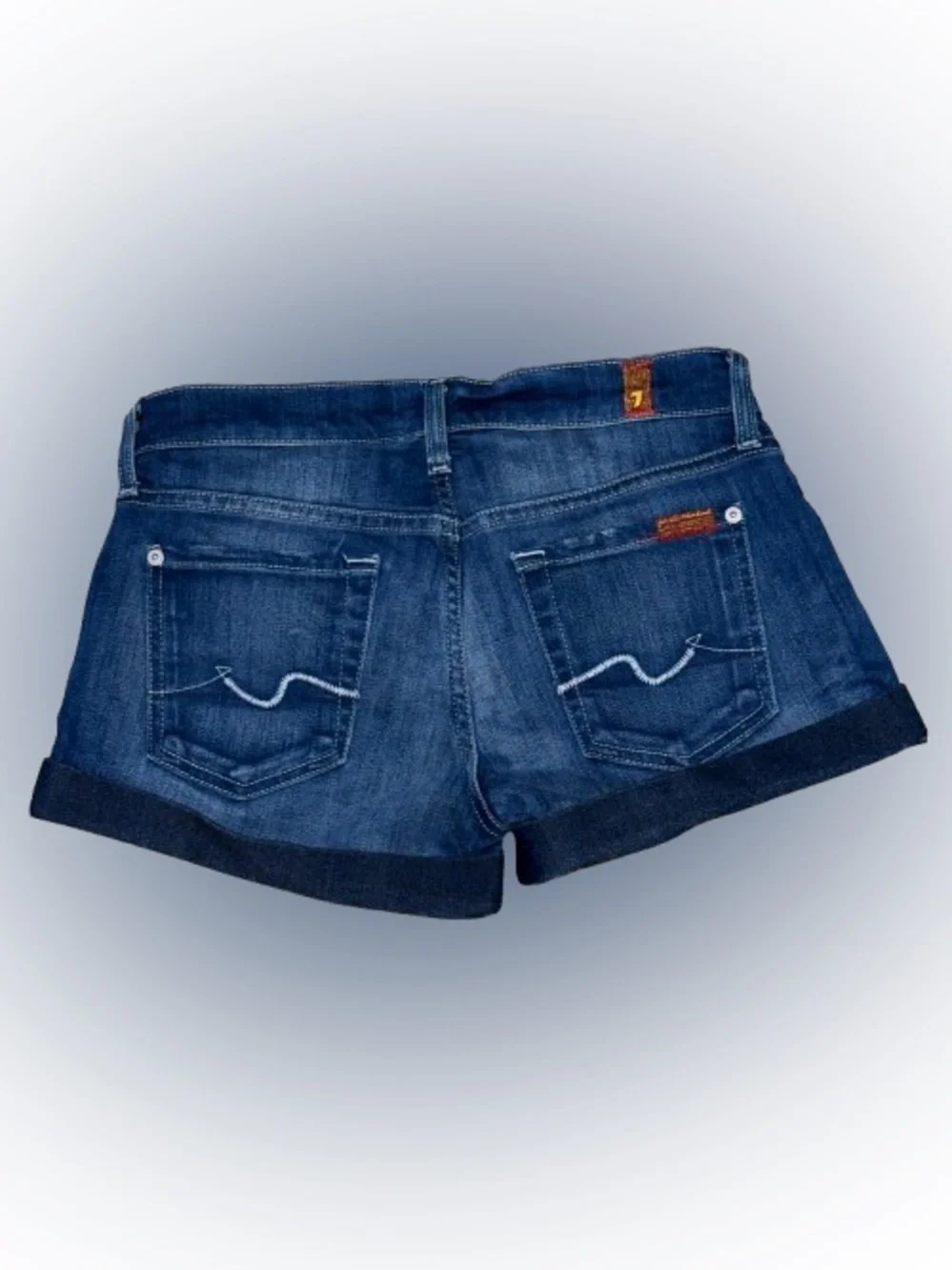👖💿 7 FOR ALL MANKIND Y2K Denim Shorts Dark Wash Blue‎ Cuffed | Women's Sz 24
